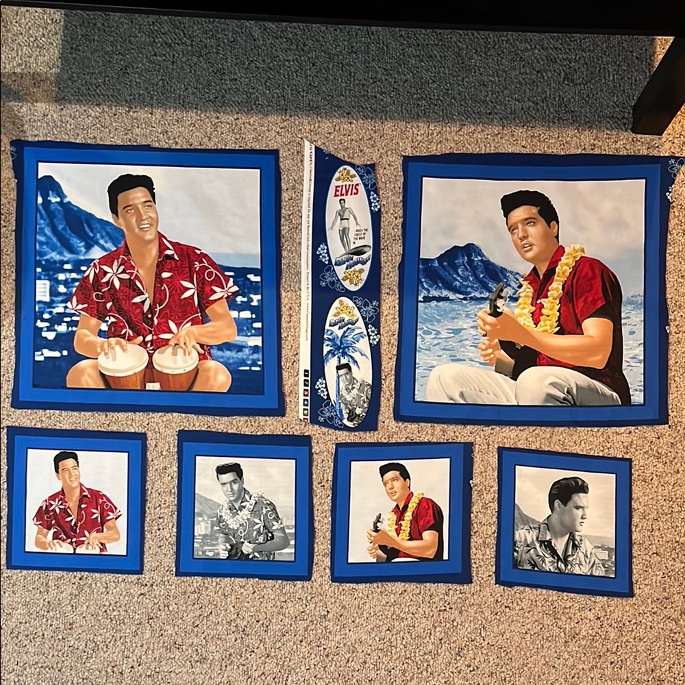 Elvis Presley Themed Fabric Panel Blue Hawaii Cotton Quilting Quilt Squares VIP